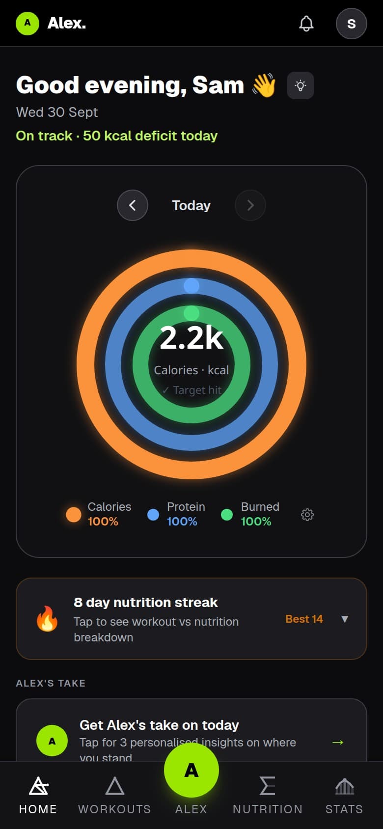 Alex home screen with calorie, protein and move rings filled for the day